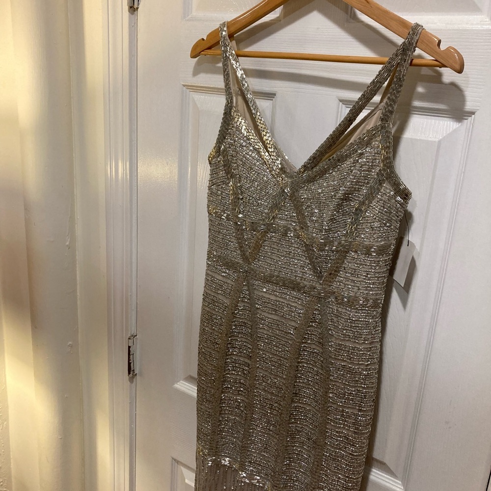 Adrianna Papell (NWT) Silver Beaded Godet Gown, Unique Cutout Neckline